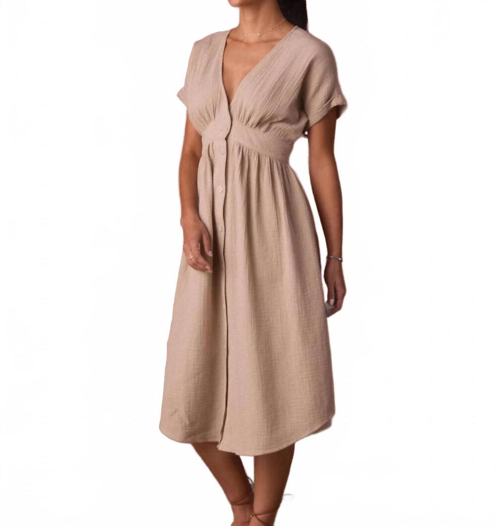 NEW THE NORMAL BRAND kalo guaze deep v button midi dress in pumice
